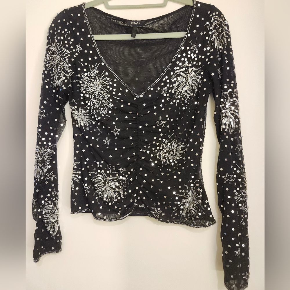 Escada Sheer Black and Silver Firework Sequin Embellished Long Sleeve Top